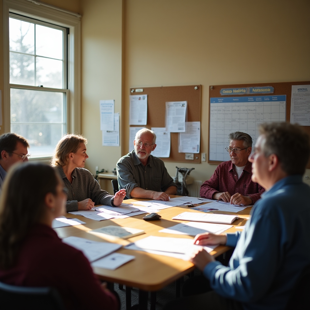 Reunión de una asociación de vecinos planificando una convocatoria de taller
